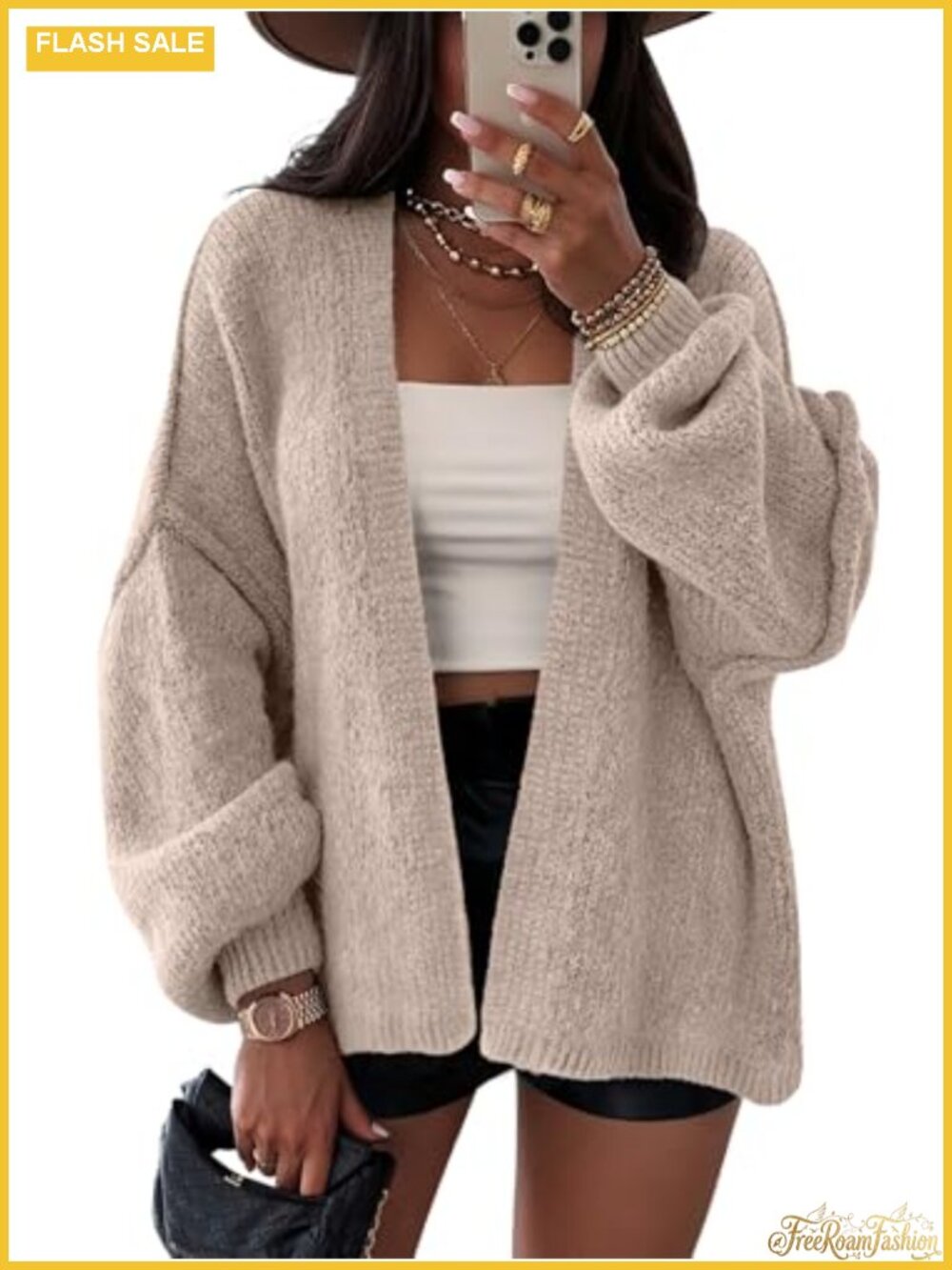 Chunky Oversized Cardigan Lantern Sleeve V-Neck Longline Knit Sweater